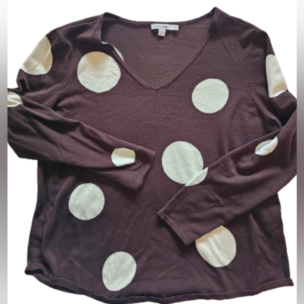 Chico's Chocolate Brown Sweater with Cream Polka Dots 2 Reg 12